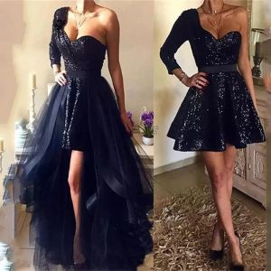 Prom klänningar svart en axel med 3/4 långa ärmar avtagbara tåg tyll glittrande paljetter en linje band anpassad kvällsfest klänningar plus storlek vestidos