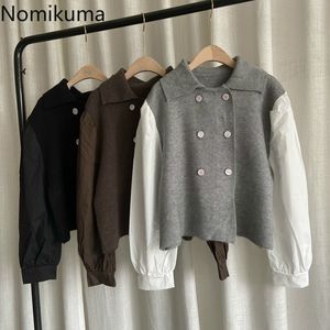 Nomikuma Fake Two Pieces Knitwear Coat Korean Short Double Breasted Sweater Long Sleeve Patchwork Women Knitted Jacket 6C825 210427
