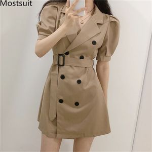 Sommar koreanska vintage dubbelbröst kostym klänning kvinnor puff ärm notched krage bälted mini klänningar mode solid vestido 210513