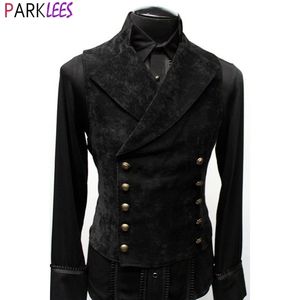 Mens Double Breasted Gothic Steampunk Velvet Vest Stand Collar Medieval Victorian Black Waistcoat Men Stage Cosplay Prom Costume 210522