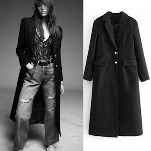 Vintage Winter Long Sleeve Wool Coat Women Turn Down Collar Thick Warm Jacket Pockets Casual Ladies Outerwear Women's & Blends