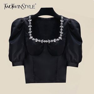 Elegant tröja för kvinnor Square Collar Puff Short Sleeve Patchwork Diamanter Slim Blusar Kvinna Sommar Stylish 210524