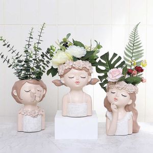 Porträtt Girl Flower Pot Succulent Flowerpot Tecken Potted Humanoid Vase European Resin Hem Inredning Planter Art Ornament 210615