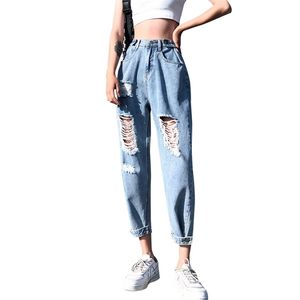 Korea Moda Vintage Ripped Boyfriend Jeans Dla Kobiet Moda Wysoka Talia Niebieskie Dżinsy Plus Rozmiar Dżinsy 4XL 5XL Pantalones 210715