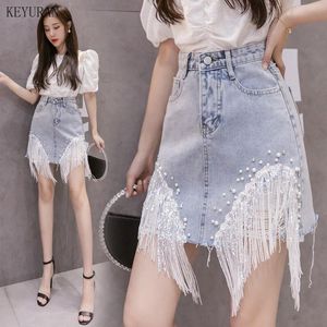 Etekler Kadınlar İçin Denim 2021 Yaz Boncuklu Pullu Tassel Yüksek Bel Jean Etek Kadın Düzensiz A-Line Mini Shor Femme