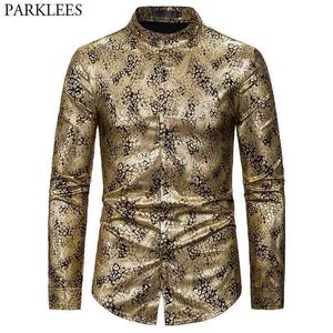 Роскошные Paisley Gold Print Рубашка Мужчины Barnd с длинным рукавом с длинным рукавом полосатый воротник Мужские рубашки платье клуб вечеринка Weddding Социальная рубашка 2xL 210522