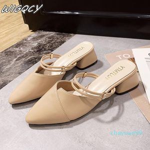 Dress Shoes Party Women Mules Slipper Pointed Toe Block Strap Closed Shallow High Heels Sandals Black Beige Square Heel 2021