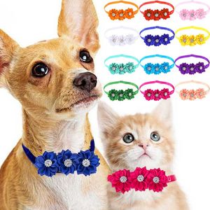 Dog Apparel Bow Ties Flowers Collar with Shiny Rhinestones Bright Color Small Middle Neckties Pet Supplies Cat Accessories