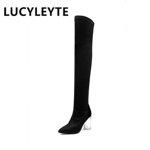 Autumn Boots 2021 i Winter European European American Fashion Fashion Transparent Obcing Stretch nad kolanem 44979