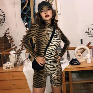 Damskie kombinezony Panieki Kombinezon Kobiety Tiger Wzór Leopard Turtle Neck Bodycon Z Długim Rękawem Topy Szorty Romper Clubwear Body Sexy B