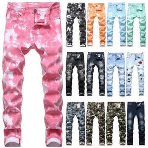 Hommes Jeans Hip Hop Patch Hommes Rétro Jeans Trou Zippé Biker Jeans Camouflage Impression Hommes Déchiré Denim Pantalon X0621