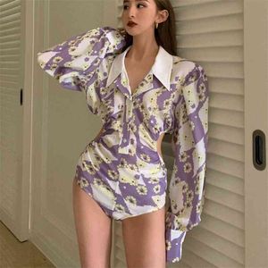 Summer Print Floral Slim Bodysuit For Women Lapel Long Sleeve High Waist Hollow Out Hit Color Jumpsuit Female Fashion 210514