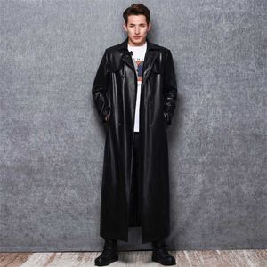 Lautaro Długie Czarne Skórzane Trench Coat Mężczyźni Z Długim Rękawem Double Breasted Spring Jesień Plus Rozmiar PU Skórzany Odzież męska 6XL 7XL 211111