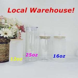 Armazém local! 12oz 16oz sublimação Clear óculos fosos com palha de madeira canudos brancos em branco garrafas de água DIY transferência de calor tumblers A12