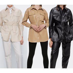 FauxレザーコートレディースファッションスリムPUジャケットの気質全体試合ツールPUジャケットの女性のベルト模様レザージャケット210422