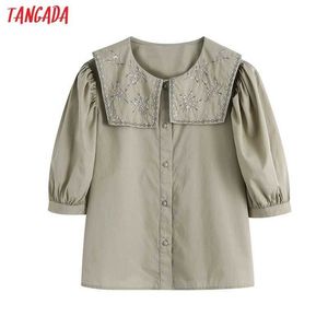 Tangada Women Oversized Collar Embroidery Romantic Blouse Shirt Short Sleeve Chic Female Shirt Tops BE675 210609