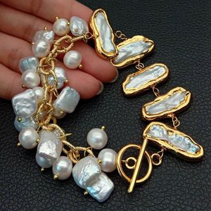 Wickeln Runden Armband großhandel-Ying Natürliche Top Bohrte quadratische Runde Biwa Süßwasser Perle Pave Gold Color Überzogene Kette Wrap Armband