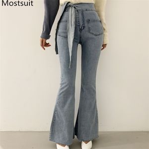 Pantaloni jeans coreani a vita alta con cintura svasata Pantaloni jeans da donna Tasche skinny Pantaloni femminili casual alla moda solidi 210518