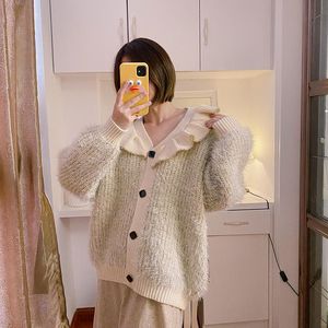 Women's Sweaters 2021 Korean Sweet Ruffle Sweater Coat Women Cardigans Single Breasted Long Sleeve Knitted Clothes Autumn Winter