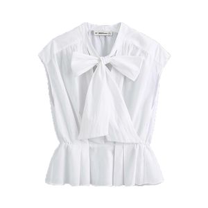 Women Elegant Fashion Office Wear Ruffled Blouses Vintage White Bow Tied Collar Sleeveless Shirts Girls Chic Tops 210520