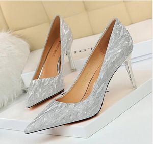 American High Heels Women's Wedding Shoes Teels Shallow Mouth Pointed Sequins Sexy Show Thin Night Club Single party Shoeses278z