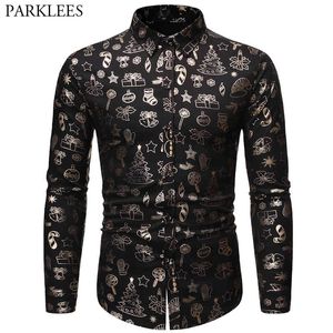 Mens Christmas Shirt Casual Slim Fit Men Shirts Bronzing Black Shirt Mens Printed Long Sleeve Button Up Shirt Men Camisas Hombre 210524