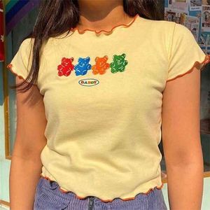 Tatlı Kızlar Sevimli Ayı Nakış T Gömlek Kadın Yaz Kısa Kollu Mahsul Tops Harajuku Sokak Moda Tee Gömlek Femme K Pop Tees 210324