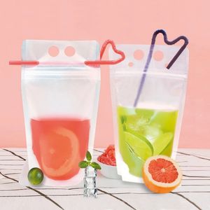 100Pcs 500ml Sacchetto per bevande in plastica con cannuccia Plastica per uso alimentare Confezione per bevande Sacchetto Succo di vino Imballaggio liquido Borse per bere