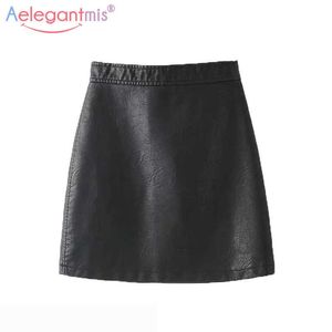 AELEGANTMIS Eleganckie biuro Lady Wysoka talia PU Skórzana Spódnica Kobiety Lato Casual Solidna Czarna Mini Linia Lands Krótki 210607