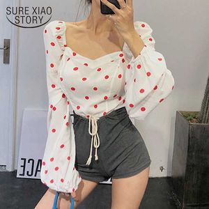Retro Style Polka Dot Square Collar Wrapped Bubble Sleeve T Shirt Elegant Kort Top Blus Sexig Chic Kvinnlig Skjortor 13314 210528