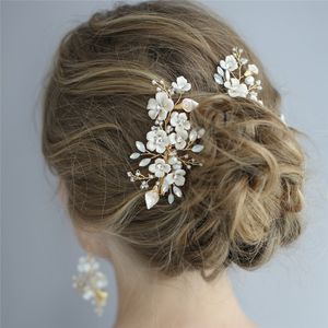 Porcelain Flower Comb Wedding Crystal Bridal Boddy Pins Hair Piece Hand Wired Women Headpiece Jewelry