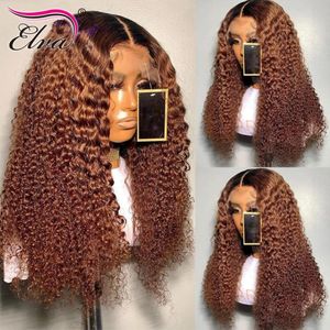 Yonce Wig 13x6 Human Hair Remy Pre Skuped Lace Front Peruki Curly Frontal z Baby Ombre Brown Kolor