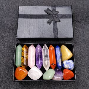 Naturalna Chakra Sześciokąt Kolumna Energia Kamień Pudełko Dla Kobiet Reiki Healing Crystals Gemstones Yoga 14 sztuk