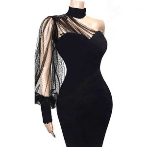Black One Shoulder Dress Long Sleeve Mesh Patchwork Bodycon Evening Party Transparent Women Occasion Event Backless Dresses XXL 210527