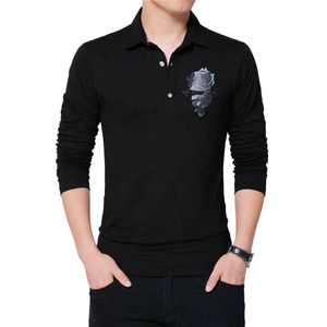 Höstmän Casual T-shirt Långärmad Blommös tryck Design Koreanska stiltrender Nedgång Krage Slim Fit Elegant T-shirt Man 210518