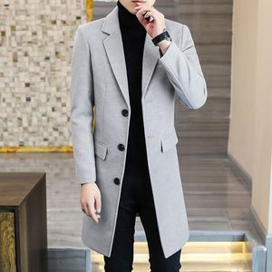 Trenchcoats för män Business Casual Slim Fit Gentleman Långa överrockar Herr Grå kavajer Jackor Svart Vinter Ylle Elegant