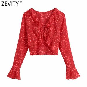 Zevity Donna Cascading Ruffles Scollo a V Punti Stampa Camicetta corta Grembiule Camicia Lady Manica a farfalla Chic Bow Blusas Top LS7689 210603