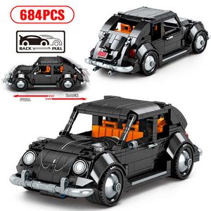 City Creator Technical Pull Back Mechanical Beetle Car Model Building Bricks MOC Classic Vintage Vehicle Blocks Toy for Children X0902