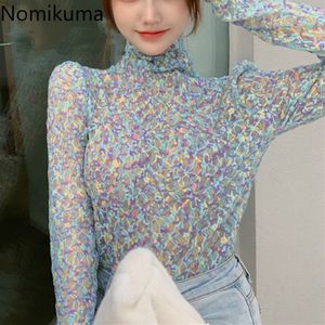 Nomikuma Slim Fit Floral T Shirt stampato T-shirt Donne Manica lunga TurtrleNeck Magliette di base Femmina Casual Casual Coreano Chic Tops Tees 210514