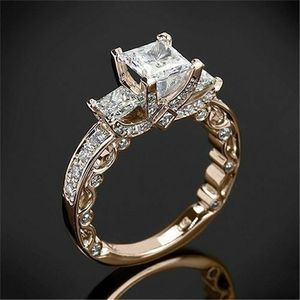 14K Rose Gold Princess Real Diamond Ring för kvinnor Anillos Mujer Bizuteria Gemstone Femme Smycken Anel Rings 211217