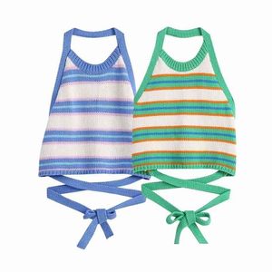 Casual Women Halter Bow Sling Summer Fashion Ladies High Street Sexy Female Open Back Striped Knit Top 210515
