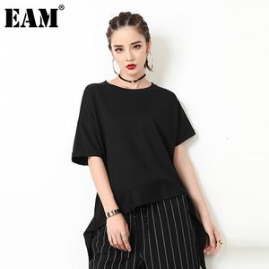 [EAM] Kobiety Duży rozmiar Powrót Długa Czarna Asymetryczna koszulka Okrągły Neck Krótki Rękaw Loose Moda Lato 1DD7607 210512