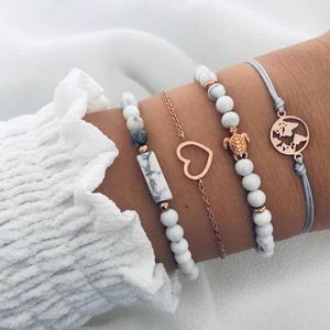 Link, Chain Hollow Love Bohemian Bracelet Set For Women Tortoise Map Turquoises Beads Natural Stone Chains Bangle 2pcs/set Jewelry