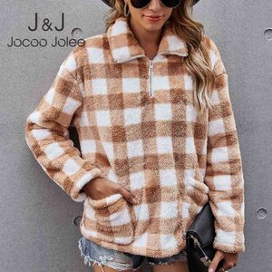 JOCOO Jooee Vintage Ekose Balıkçı Yaka Hoodies Rahat Kalın Sıcak Peluş Fermuar Kazak Gevşek Dış Giyim Cepler Kazaklar Coat 210518