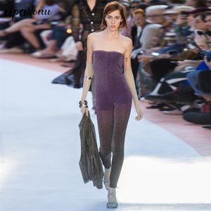 Gratis Kvinnor Lila Glänsande Jumpsuit Sexig Tube Top Ärmlös Halter Bodycon Pencil Runway Party 210524