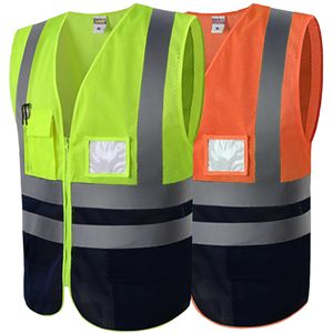 남자 스트라이프 높은 안전 조끼 작업 재킷 멀티 포켓 workwear 빨간색 반사 건축 민소매