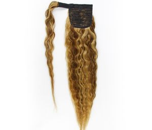 Braune blonde Highlights Ombre-Pferdeschwanz-Haarverlängerung. Runder Kordelzug, lockige, natürliche gewellte Pferdeschwänze, Echthaar, Kordelzug, Pferdeschwanz-Haarteil, 120 g