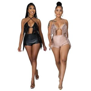 Women's Two Piece Pants Fringe Tassels Suits Halter Bra Top & Casual Shorts Set For Women Backless 2 Pieces Pu Leather