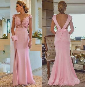 Pink Mermaid Side Split Lace Applique Beaded Backless Bow Long Wedding Guest Prom Evening Gown 2021 Mother of The Bride Dresses