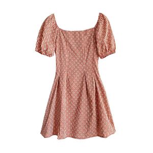 Rödblå Slash Neck Kortärmad Mini Klänning Blommigryck Plaid Puff Summer Casual D1848 210514